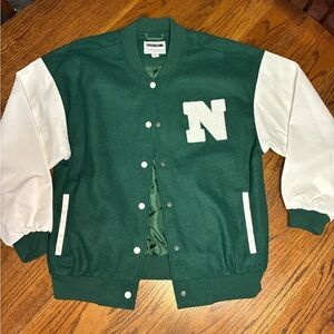 Noisy may Green and White Varsity Jacket